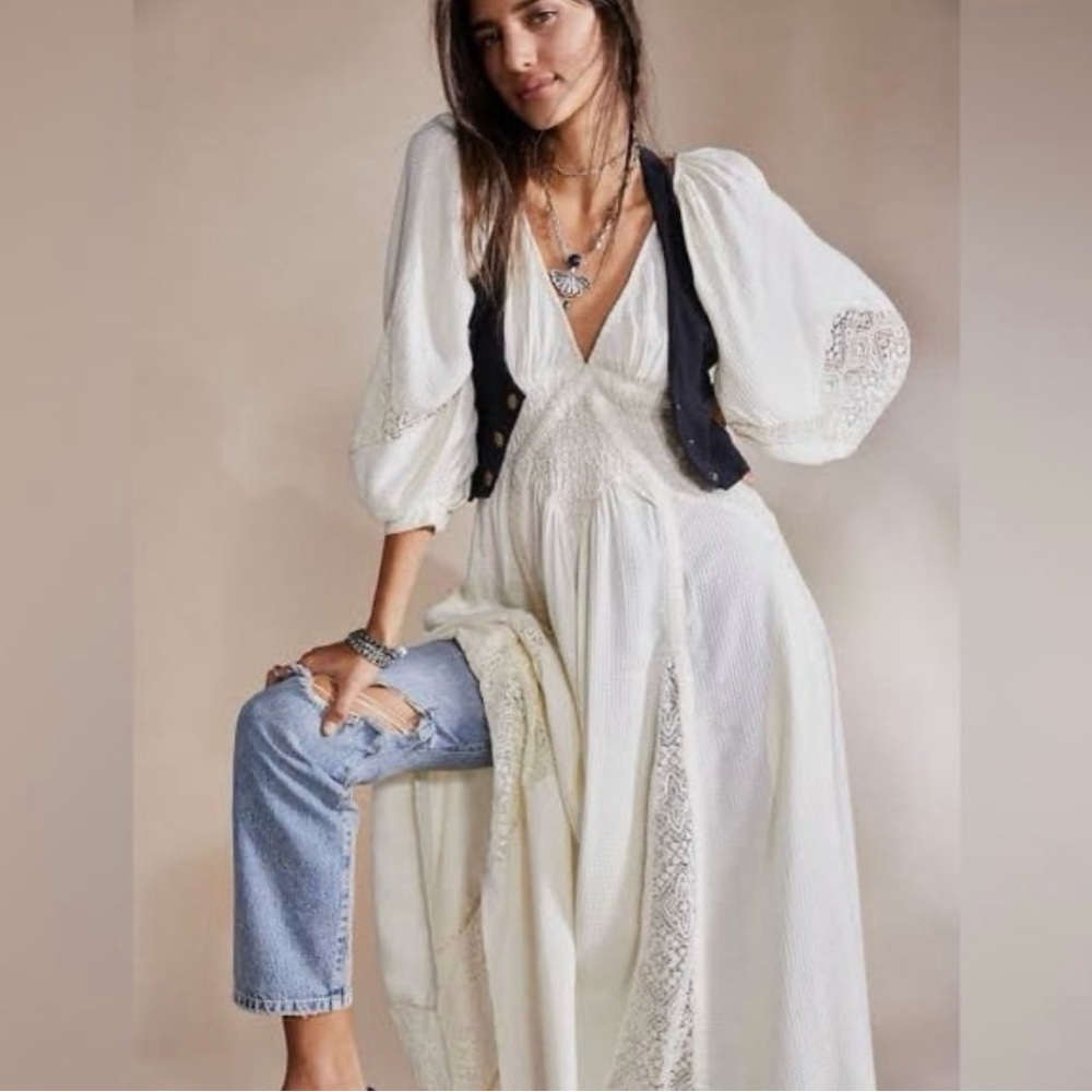Free people Southwest White Bohemian Maxi Dress with Lace Details